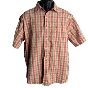 Aigle Button Up Short Sleeve Shirt L Pink Plaid Chest Pocket Collared Cotton